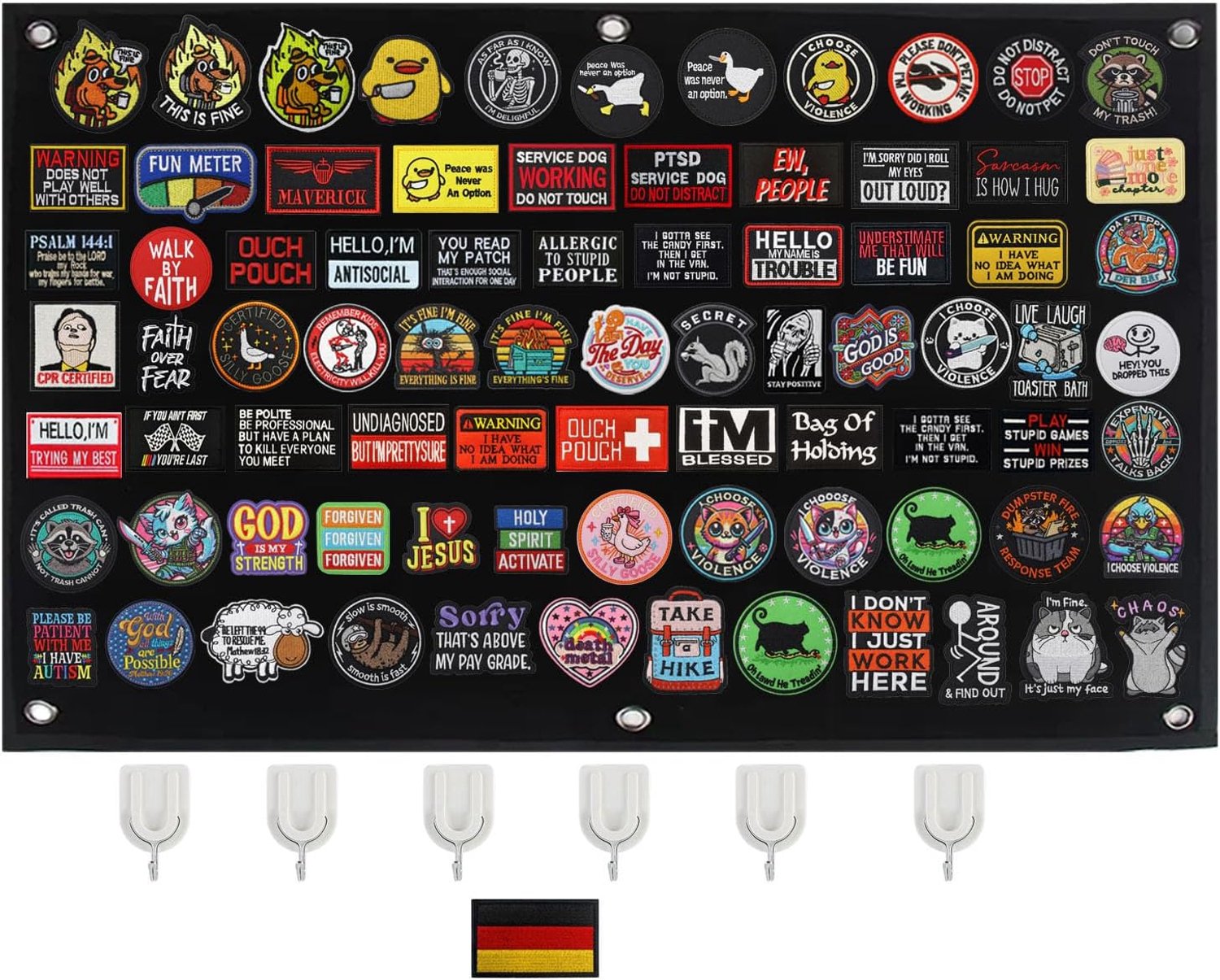Patch board, 110 x 70 cm, tactische patch voor stickers, stempelen, badge, haak en lus, nylon bord, organizer, displaybord met ogen, oppervlak, mat, wanddisplay, 6 x zelfklevende haken
