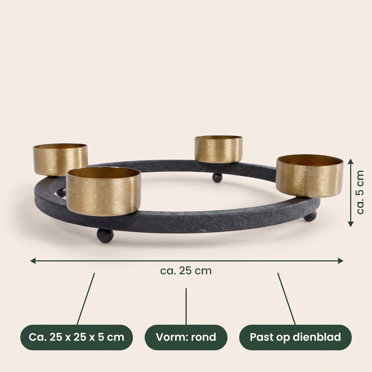 Cheqo® Theelichthouder Rond voor 4 Theelichtjes - Adventskrans Zwart Goud - Waxinelichthouder - Kaarsenhouder - Advent Kandelaar - Kerstdecoratie - Kaarsenstandaard - Tafelversiering - Herfstdecoratie - Kerstversiering - Sfeerverlichting Binnen – foto 4