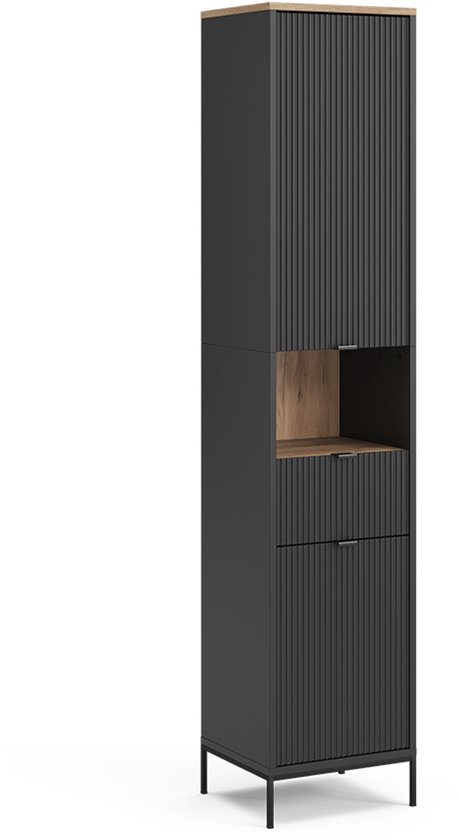 Slanke zwarte Vicco Eliza badkamerkast met geribbelde fronten en open vak, 190 cm hoog.