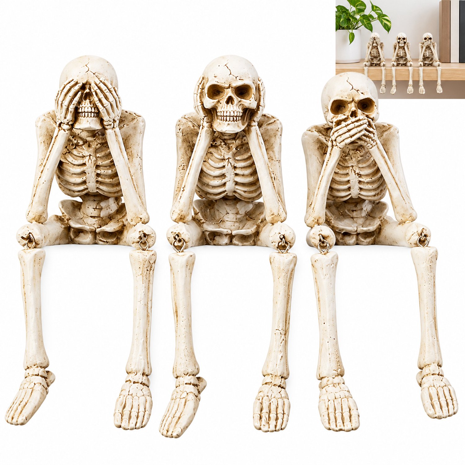 VHV - Halloween Decoratie Skelet Beeldjes 3 Stuks - Horen Zien en Zwijgen Schedel Figuren van Kunsthars - Griezelige Versiering voor Boekenplank en Bureau - Gothic Woonaccessoires Cadeau