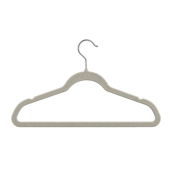 Grijze kledinghanger met antislip fluwelen bekleding en een zilverkleurige haak.