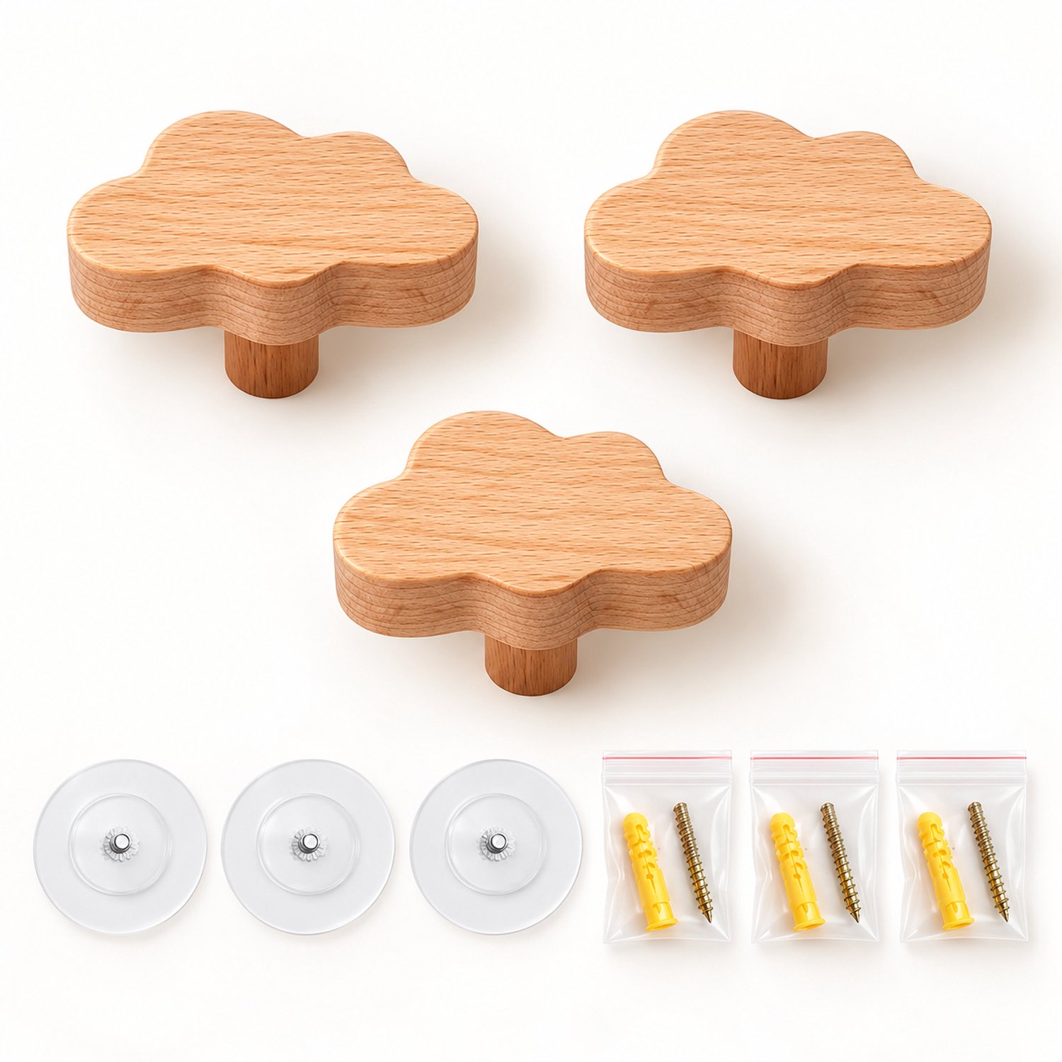 Vavida Wandhaakjes - Hout - Kinderkamer - 3 Stuks - Wolkjes - 6 x 4,2 cm - Inclusief Bevestigingsmateriaal