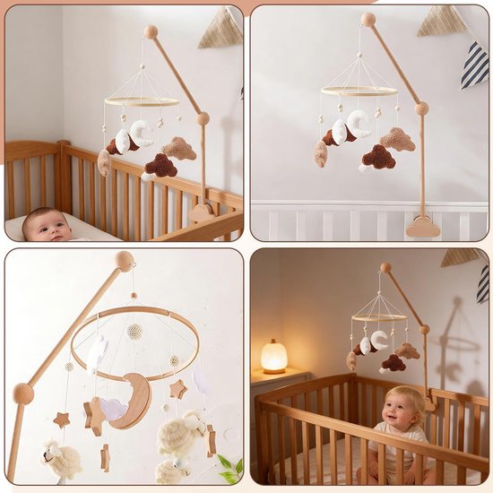 Mobiele babystandaard, wolken, in hoogte verstelbaar, houten houder voor baby's, voor het ophangen van windgongs en bedklokken (natuurlijke houtkleur) — afbeelding 5