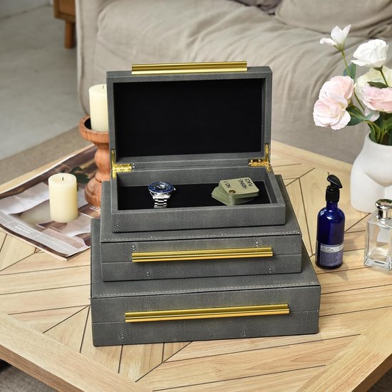 Faux Shagreen Lederen Decoratieve Sieraden Opslag Nesting Organizer Dozen met Deksels Gouden Handvat Set van 3, Grijs — afbeelding 2