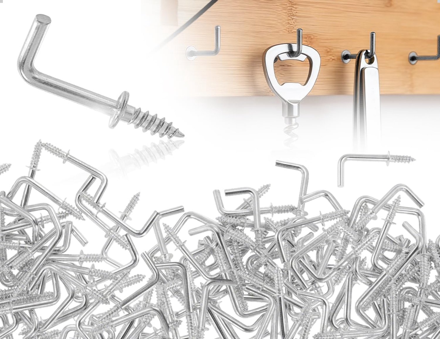 Haken, mini-L-vormige rechthoekige metalen schroefhaken om op te hangen, gebruikt voor thuis, kantoor, kleding, accessoires en handdoeken (zilver)