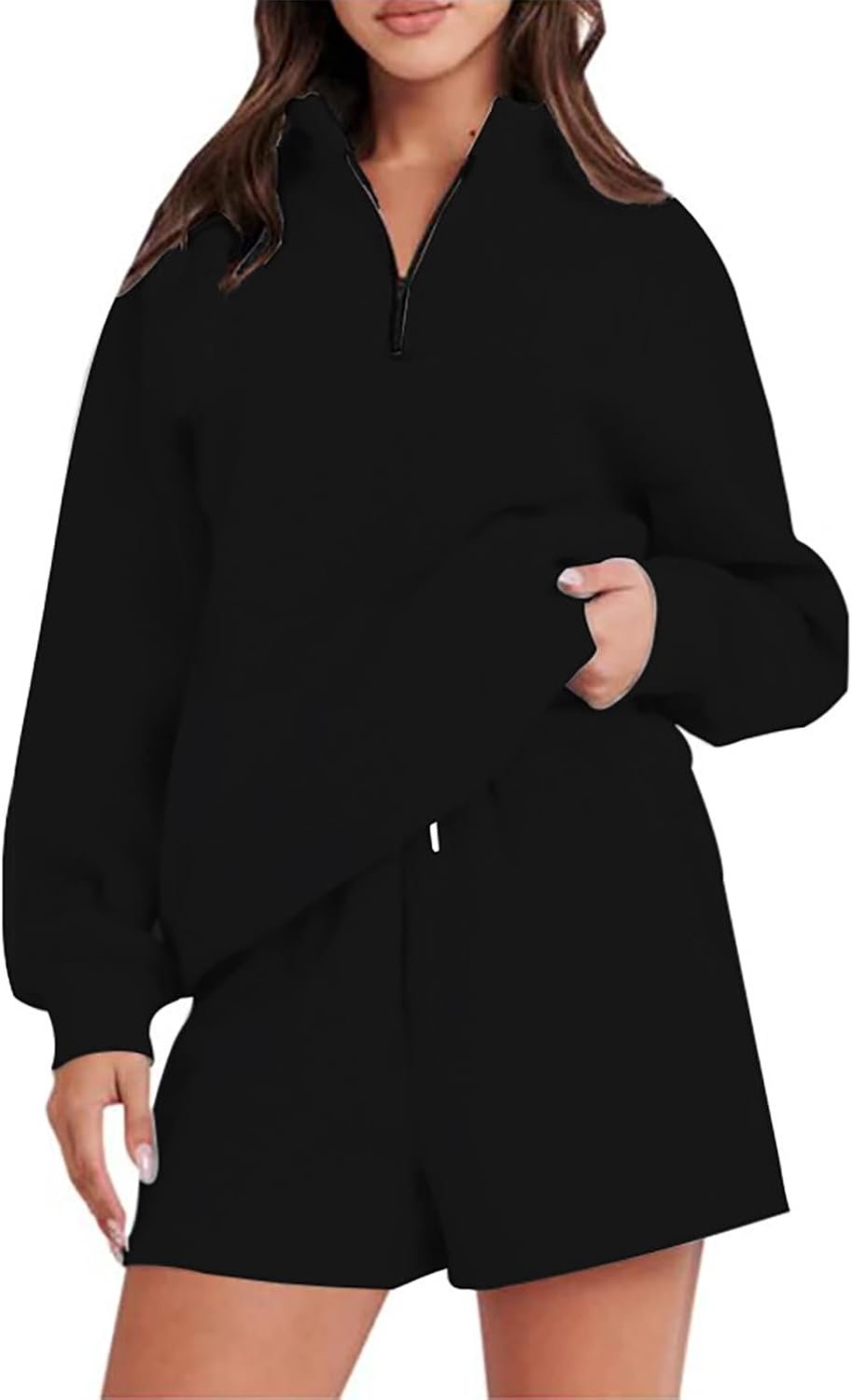 Sweatshirt-outfits voor dames met V-hals en halve ritssluiting en elastische shorts voor bijeenkomsten