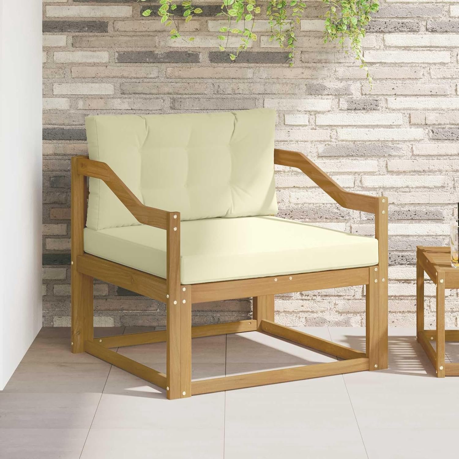 Middenbank van massief acaciahout met kussen in crème, tuinbank voor lounge, 83 x 87 x 73 cm