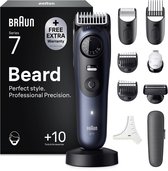 Braun Series 7 baardtrimmer in blauw, met accessoires en een doos.
