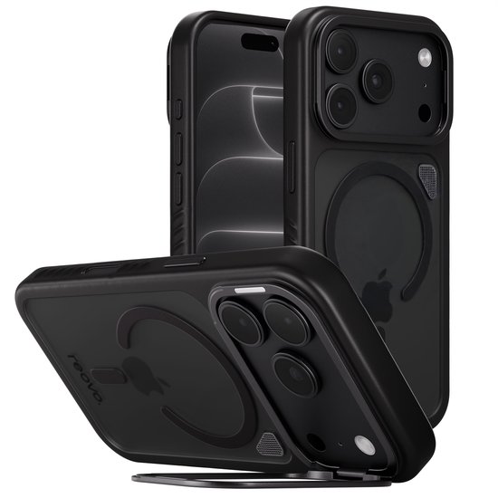 Coque de téléphone Reovo noire avec anneau MagSafe, montrée en position verticale et horizontale.