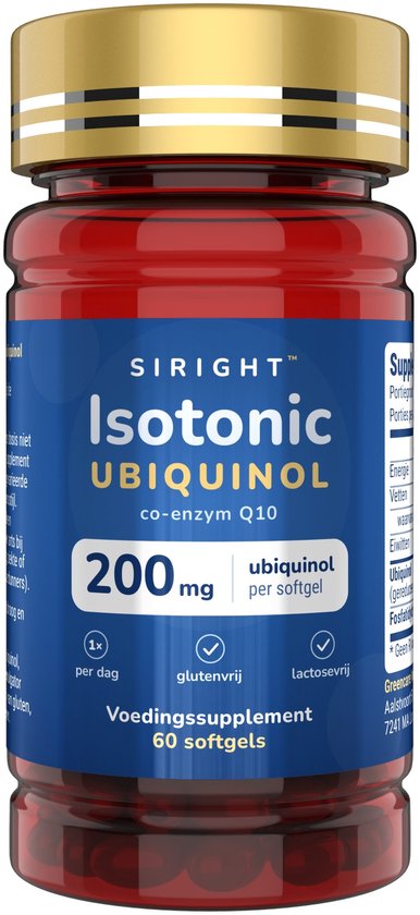 Rode pot met gouden dop, met label voor Siright Isotonic Ubiquinol 200 mg, voedingssupplement, 60 softgels.