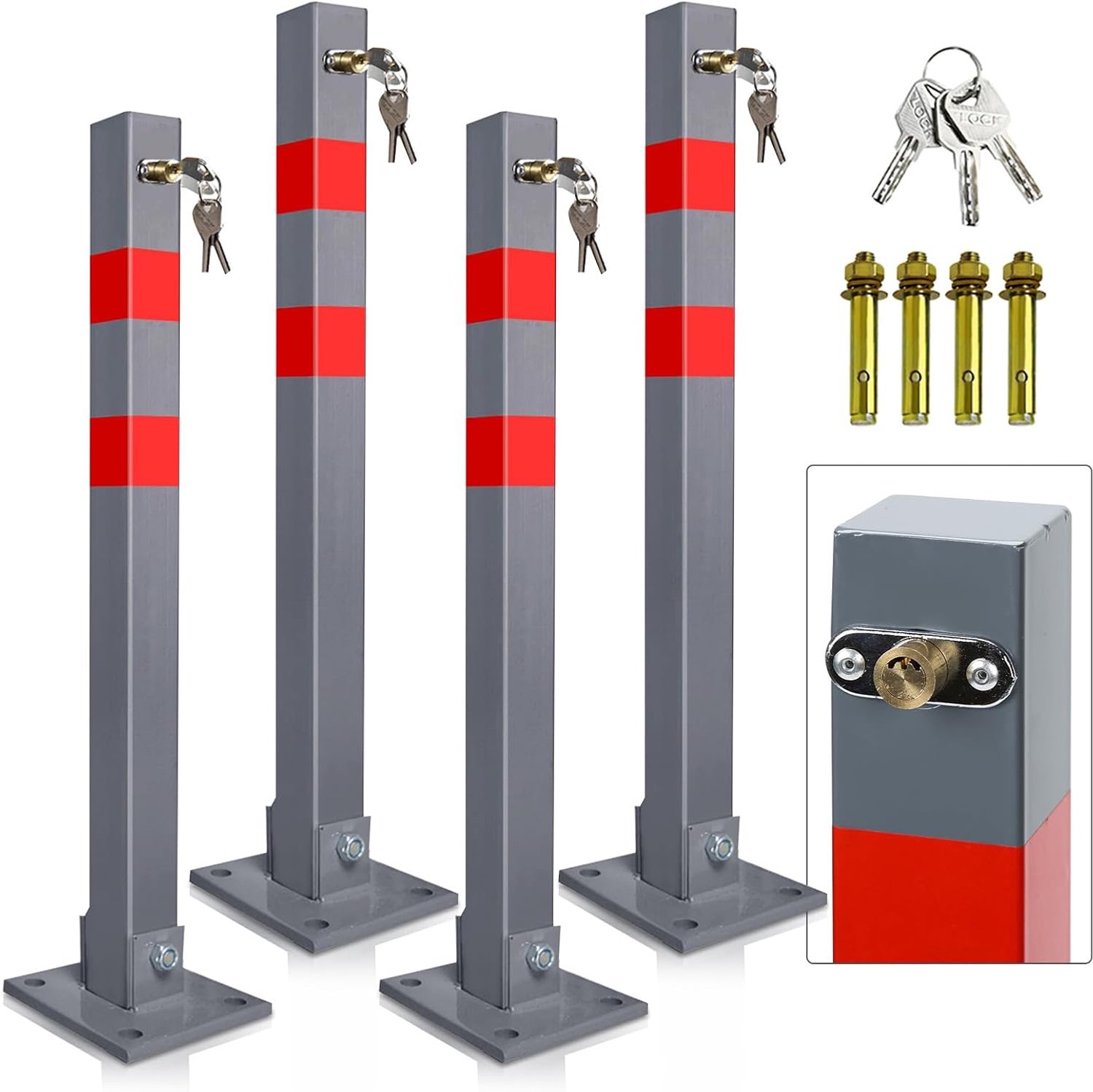Parkeerblokkering, opvouwbare parkeerplaatsblokkering, handmatige vergrendelingspalen met 12 sleutels en 16 expansieschroeven, robuuste stalen parkeerpalen met reflecterende strips