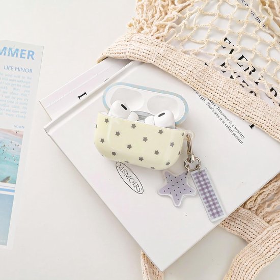 Hoes voor AirPods Pro 3 met reinigingsset, schattig retro ruitpatroon, esthetisch met ster sleutelhanger, zachte TPU stootvaste hoes voor AirPods 3 Pro, beige blauw ruitpatroon — afbeelding 3