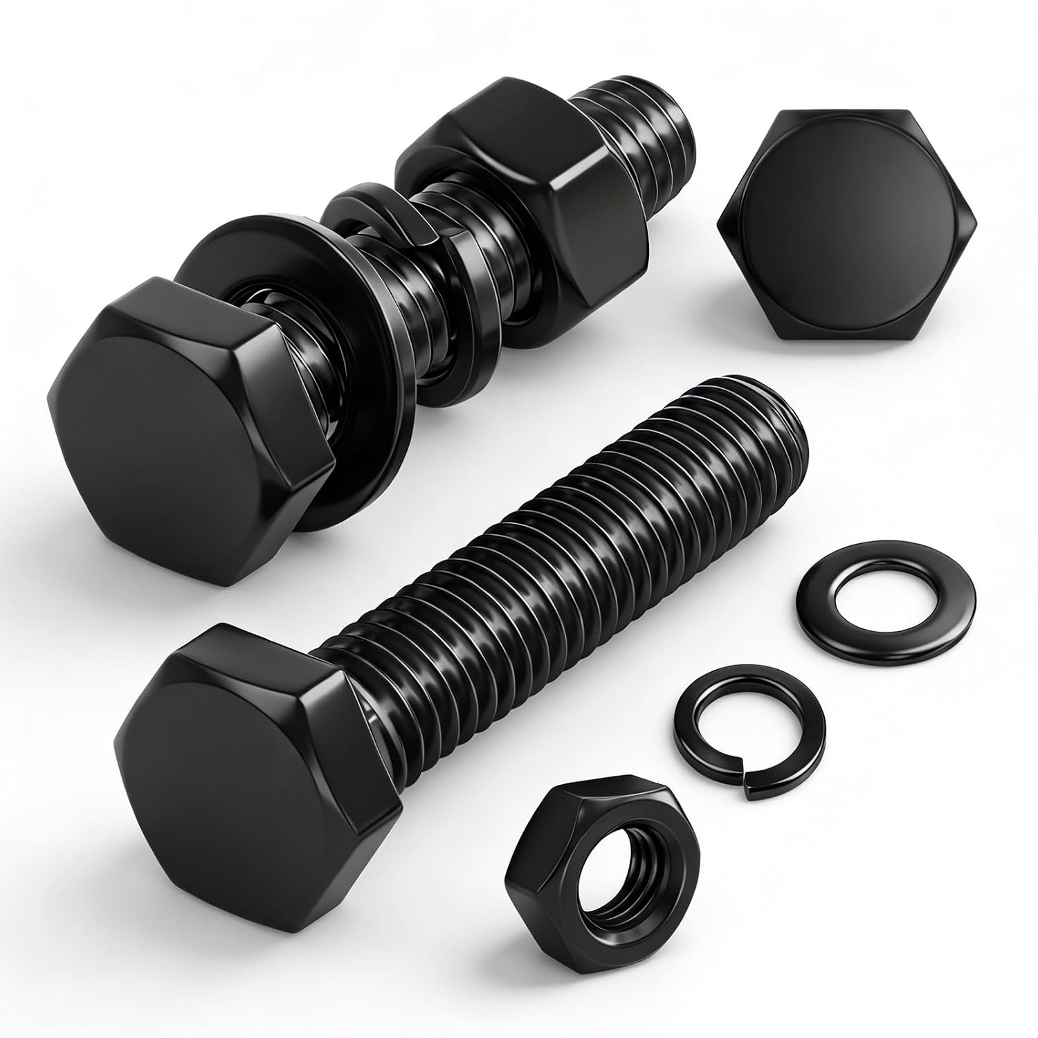 20 stuks M6 zwarte zeskantschroeven, moeren en sluitringen, M6 x 35 mm zeskantschroef van koolstofstaal, bouten en moeren voor machine-industrie, meubels, fietsen, auto's