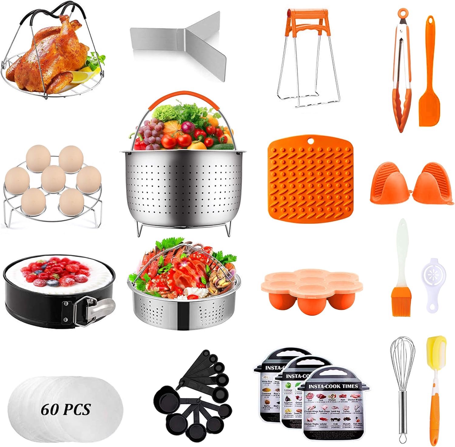 Accessoireset voor snelkookpan 4,7 l, 5,7 l, 7,8 l, 91 stuks, 60 stuks bakpapier, 2 stoommanden, springvorm, stapelbaar eistoomrek, eimallen en meer