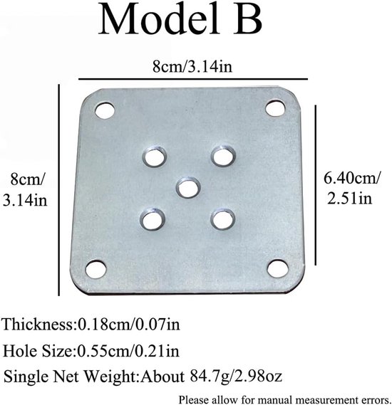 8 stuks platte montageplaten, 80 x 80 mm Heavy Duty Meubelplank Bevestigingsbeugel, rechte steunbeugel voor bank, stoel, stoelen (9 gaten) — afbeelding 5