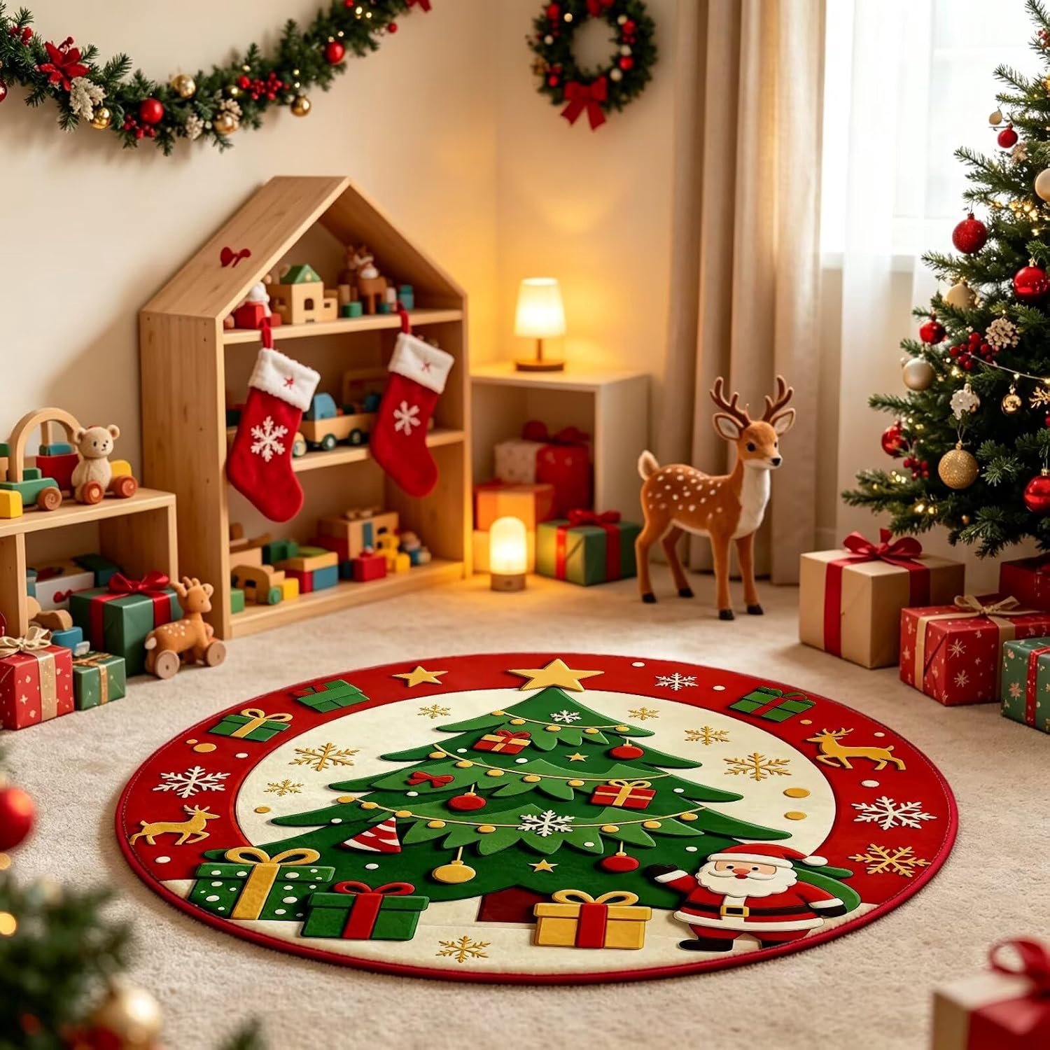 Tapijt - Badmat - Ronde Wasbare Deurmat - Antislip - Kerstversiering voor Entree, Keuken en Badkamer - 1 stuk - 80x80 cm - Stijl C