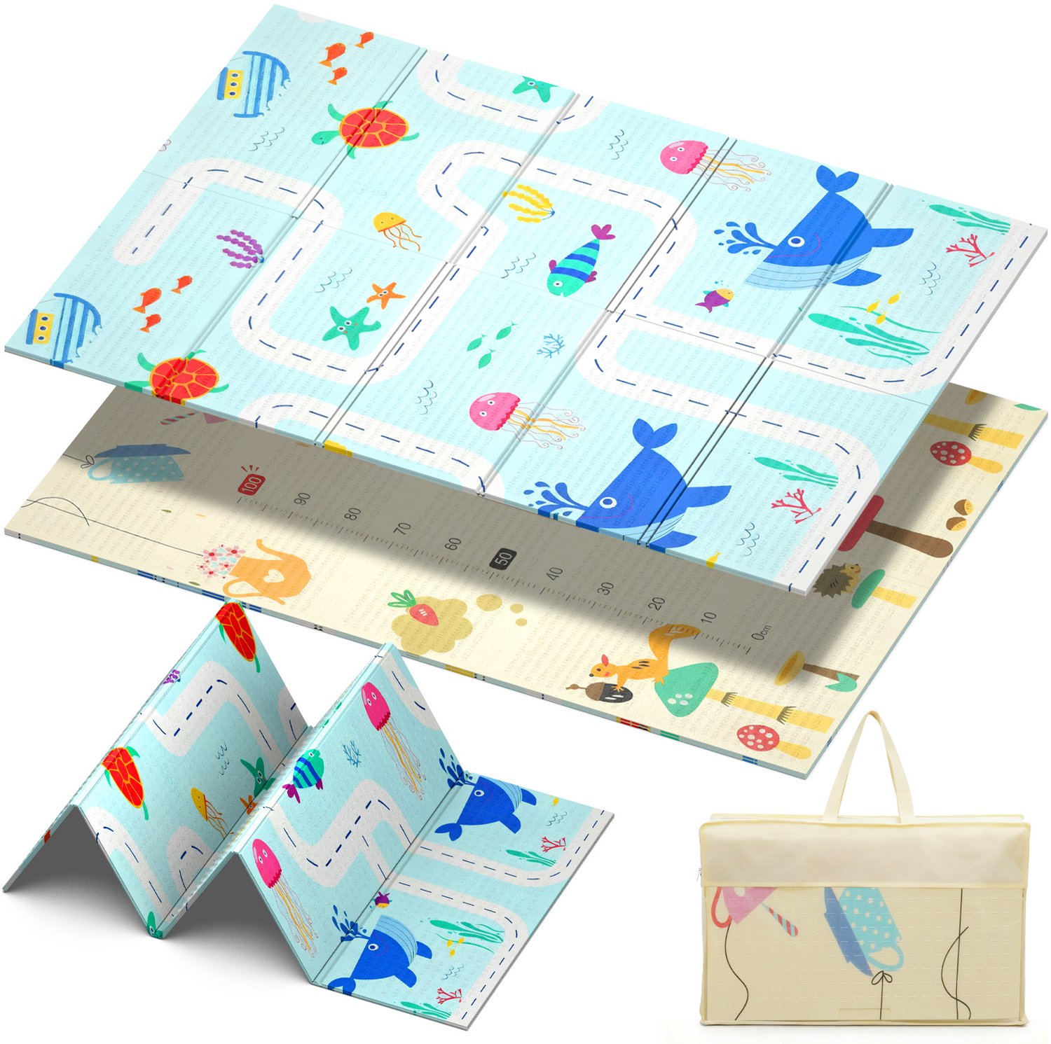 Arvioo - baby speelmat - walvis - 180x120cm - dubbelzijdig - opvouwbaar - met opbergtas