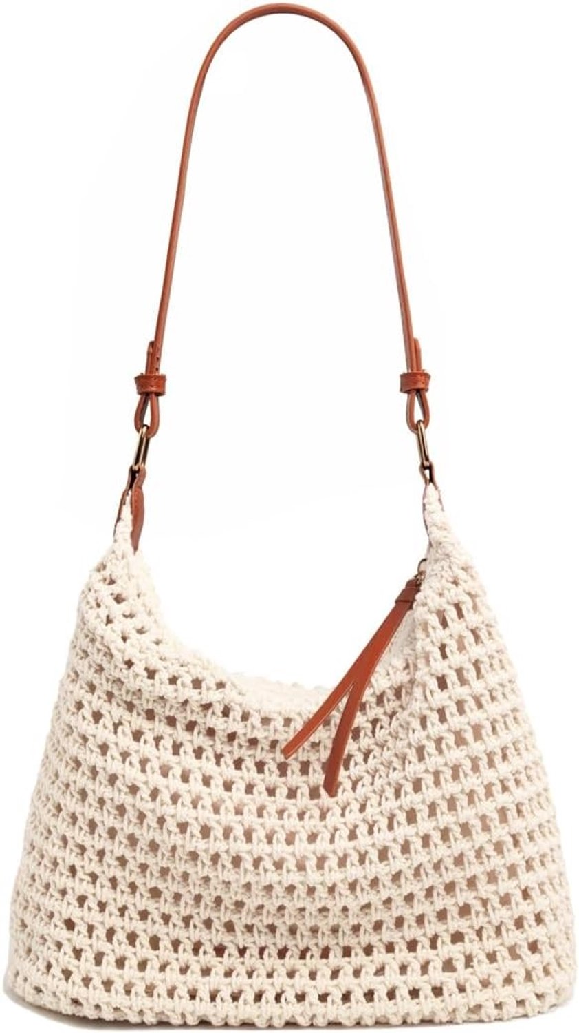 Kleine handgeweven katoenen haakstring tas voor dames - zomerse strandtas, bohemian schouderhandtas en hobo tas