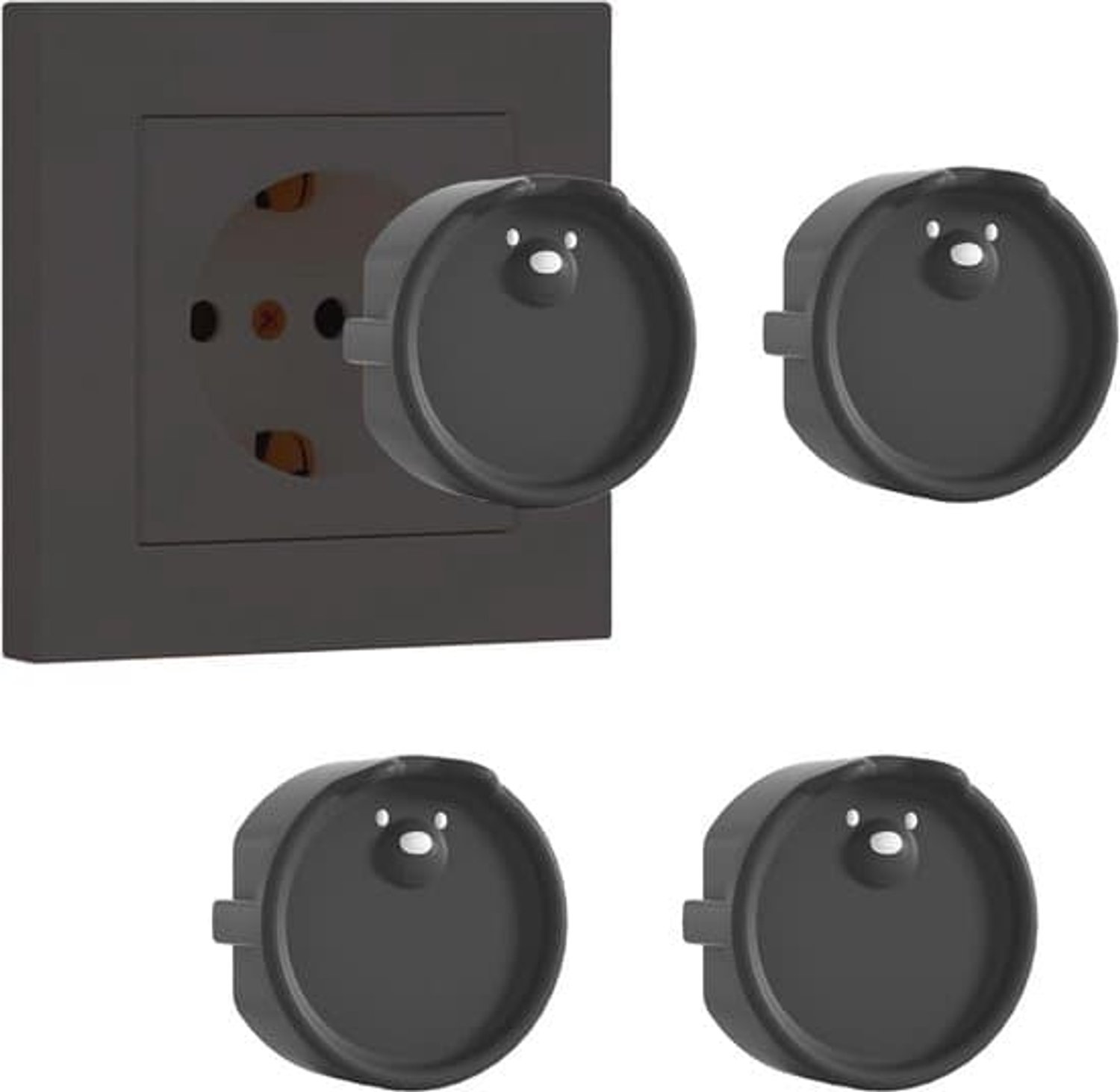 Een set van 4 siliconen afdekkapjes voor F-type stopcontacten, stof- en spatwaterdicht; schokbestendig; Zwart.