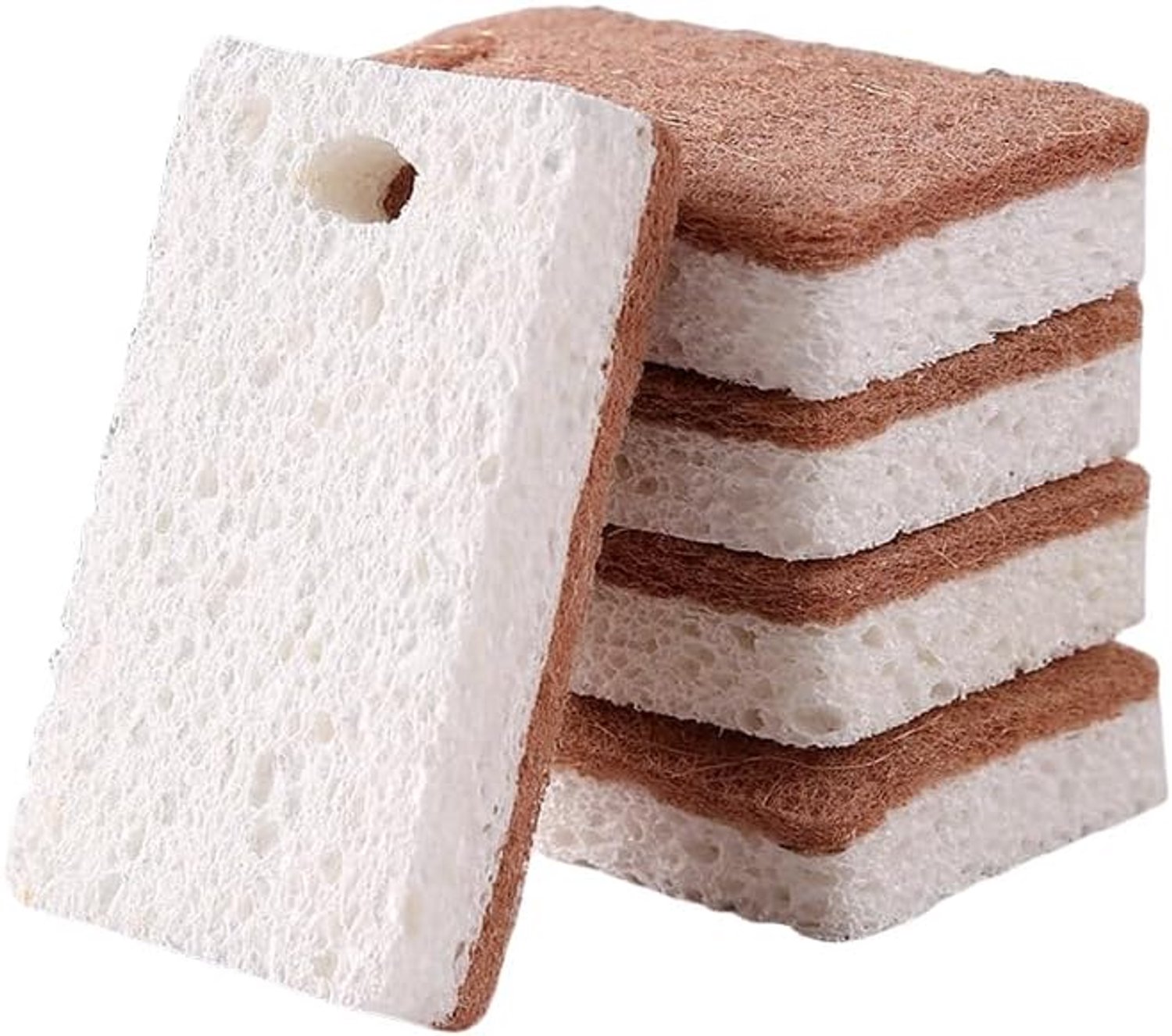 6-delige Houtpulp Katoen Schuren Pad Huishoudelijke Keuken Absorberende Afwassen Handdoek Met Opknoping Gat Dubbelzijdig Lichtbruin+Witte Spons Wiping Houtpulp Katoen
