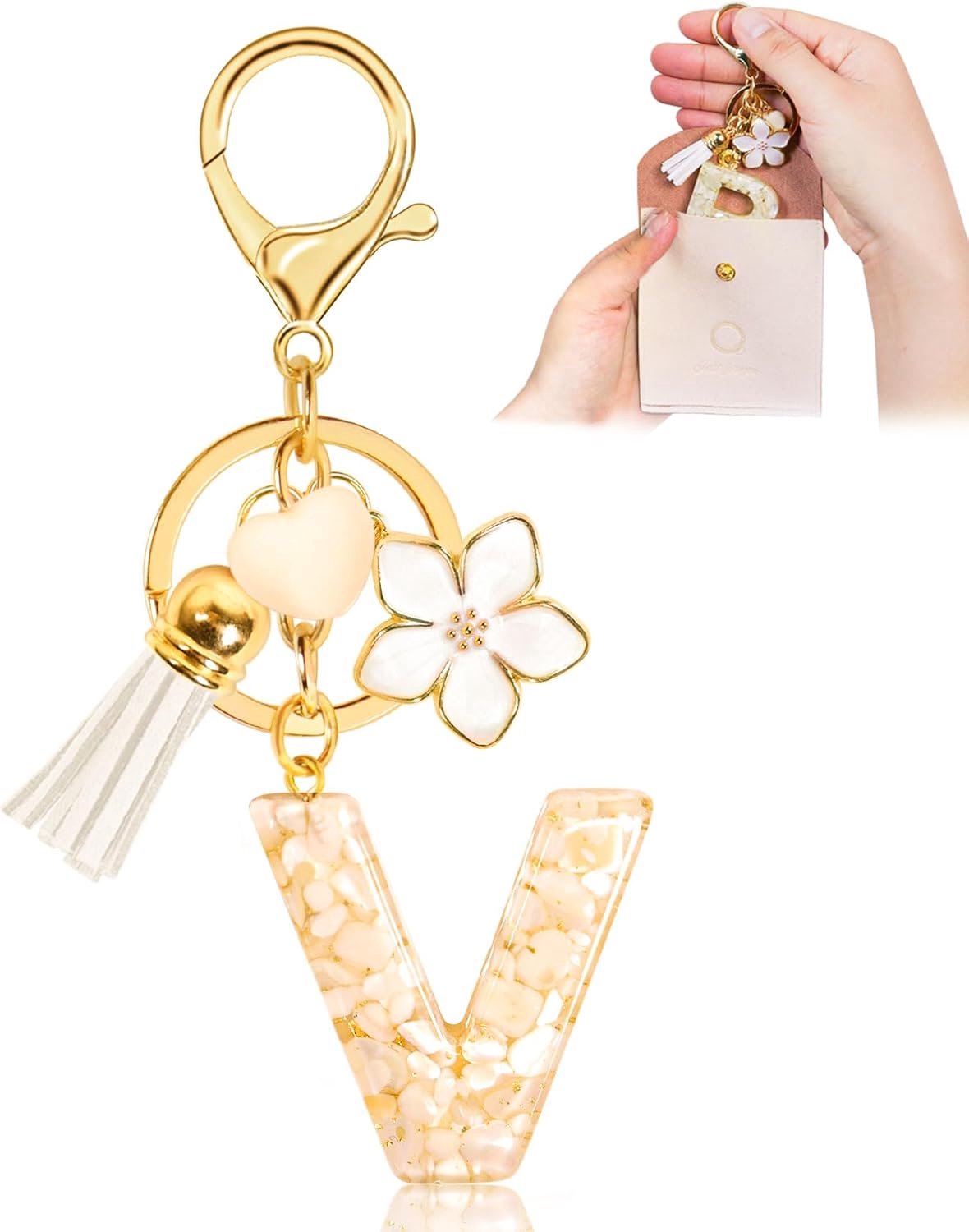Dames, initiaal sleutelhanger voor meisjes, met letters, cadeau voor personalisatie, met hart- en bloemenhanger, beige