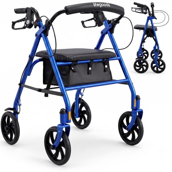 Blauwe opvouwbare rollator van Lifegoods met zitje, rugsteun en zwarte tas. Verstelbare handgrepen.