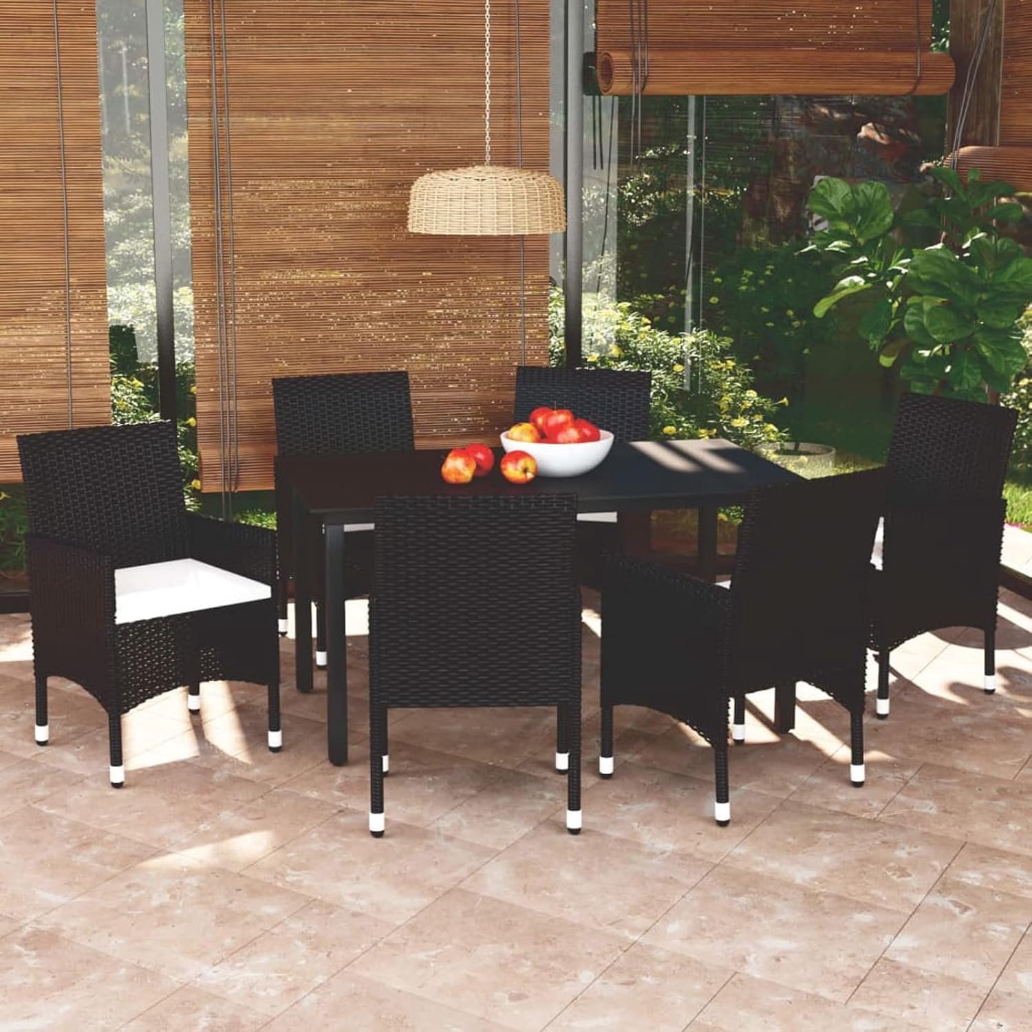 7-delige tuinset met kussen, balkonmeubelset, tuinmeubelset voor tuin, terras, serre en balkon, polyrotan zwart
