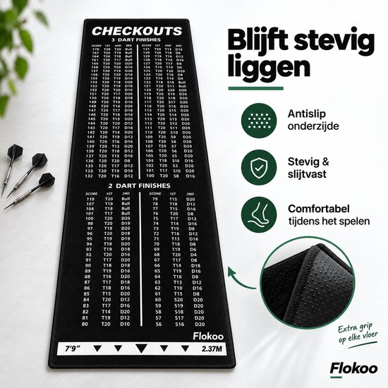 Dartmat met Oche & Checkout Tabel – 237 x 57 cm – Dartmat met Werplijn 2,37 m – 2 & 3 Dart Finishes – Antislip Dartmat – Zwart van Flokoo — afbeelding 3