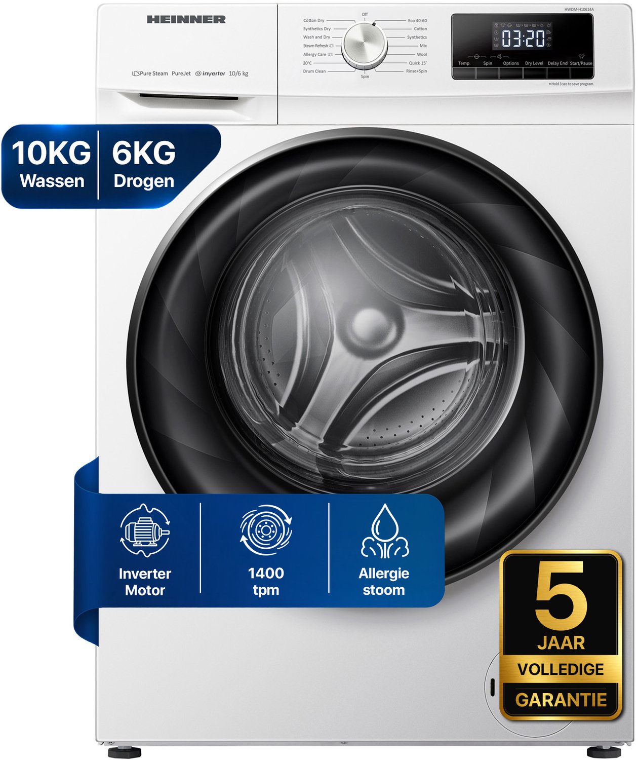Heinner HWDM-H10614A Was-droogcombinatie - 10 kg Wasmachine / 6 kg Droger - 1400 tpm - Energieklasse A/D - Stoomfunctie - Anti-Allergie Programma - Woolmark Wol Programma - Inverter Motor - 5 Jaar Garantie Wit