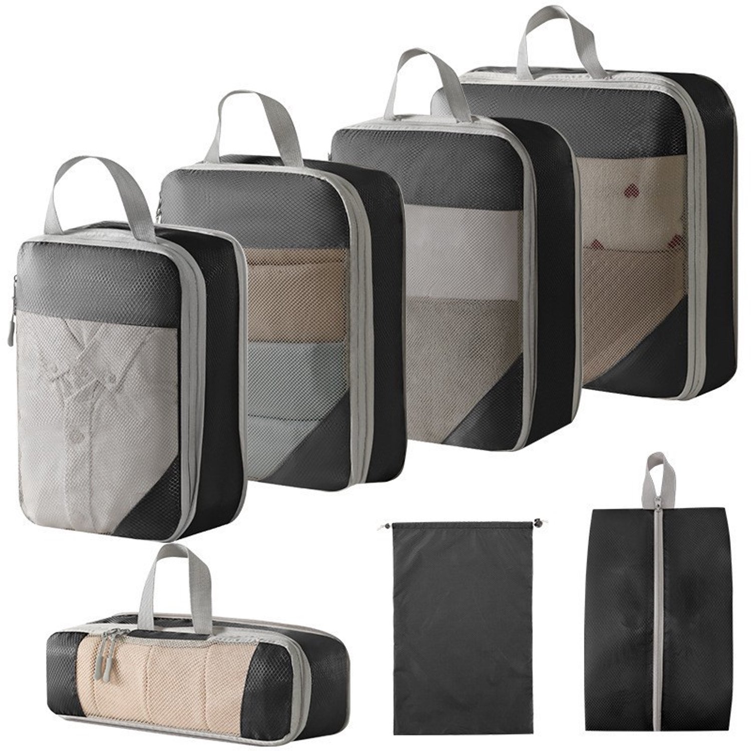 7-delige Compression Cubes - Koffer Organizer Set - Opbergen van kleding en bagage - Vacuümzakken - Reisopbergzakken - Ruimtebesparend reisaccessoire - Grijs
