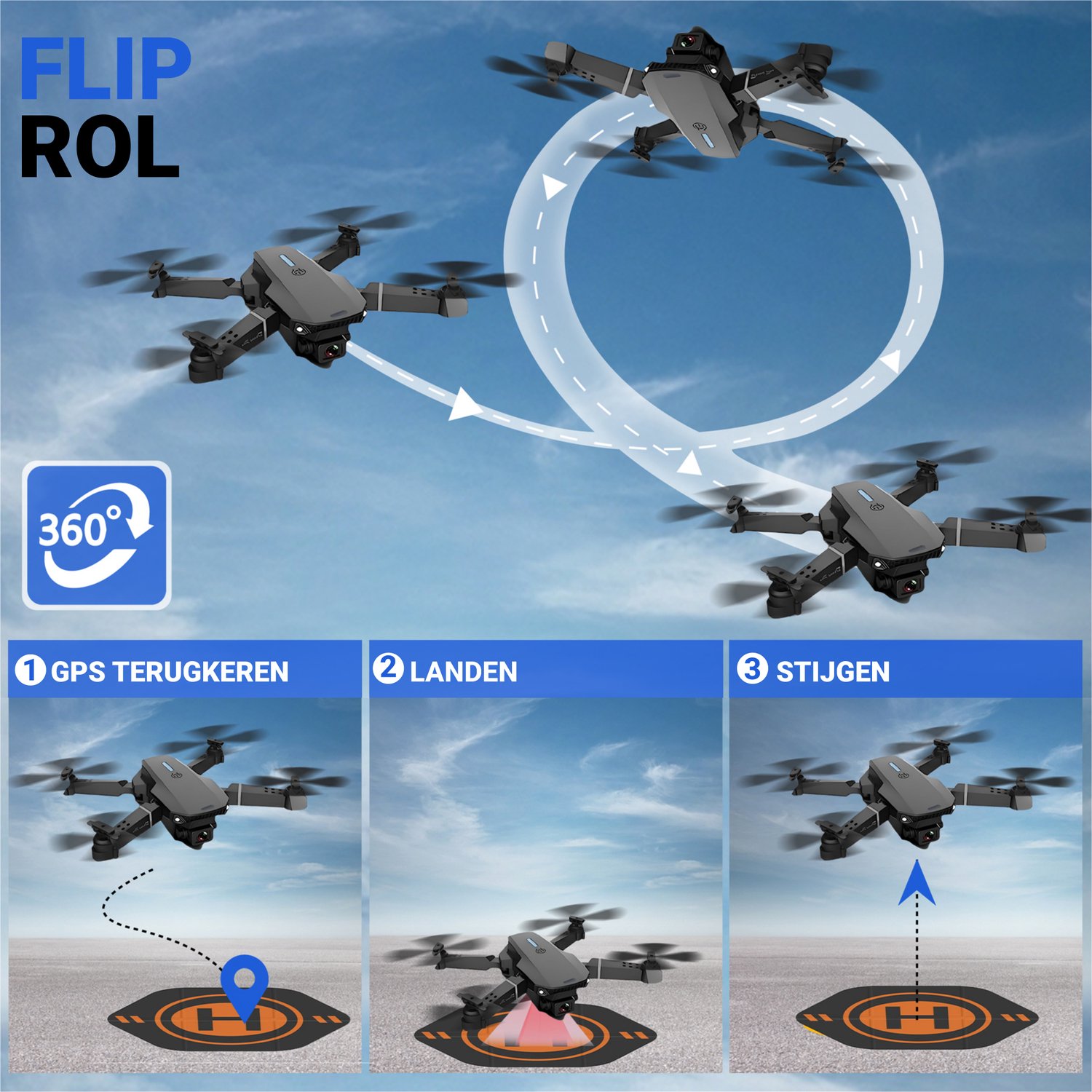HAWX E88 Drone - Drone met 4K Camera - Mini drone - Voor Kinderen/Volwassenen - Drones - Tot 90 Minuten Vliegen - Incl. 3 Batterijen, Opbergtas, Landing Pad — afbeelding 9