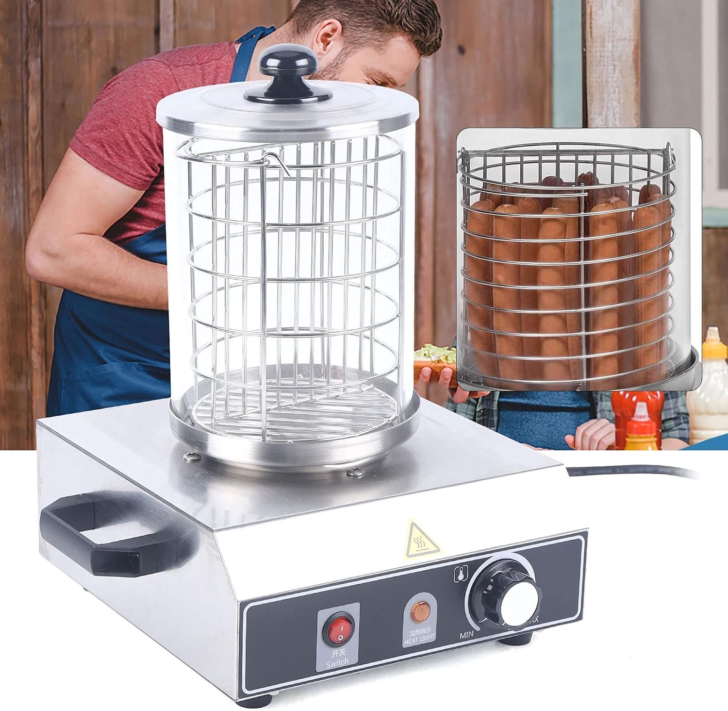 Elektrische worstkoker Hot Dog Warmer Machine RVS Worstjeswarmer Bockworstwarmer voor catering, snacks, familiefeesten (350 W)