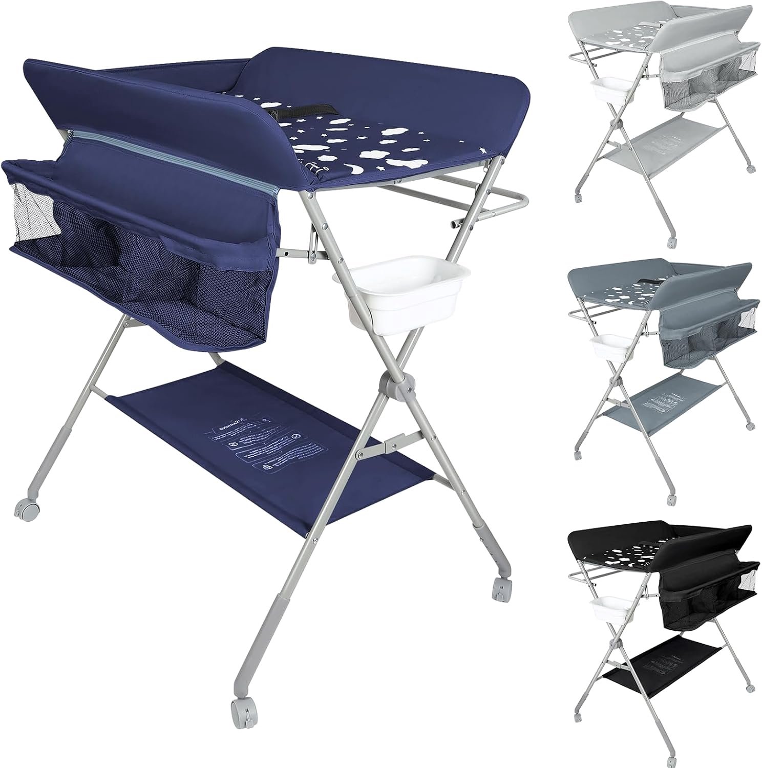 Luiertafel, opvouwbare commode voor baby's, luiertafel met opbergplanken, opbergruimte + veiligheidssluiting, wolkenpatroon (B, marineblauw)