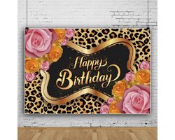 150 x 120 cm, luipaardprint, verjaardagsachtergrond, Happy Birthday, fotografie, achtergrond, roze gele roos, achtergrond voor vrouw, meisjes, verjaardag, party, decoratie, banner