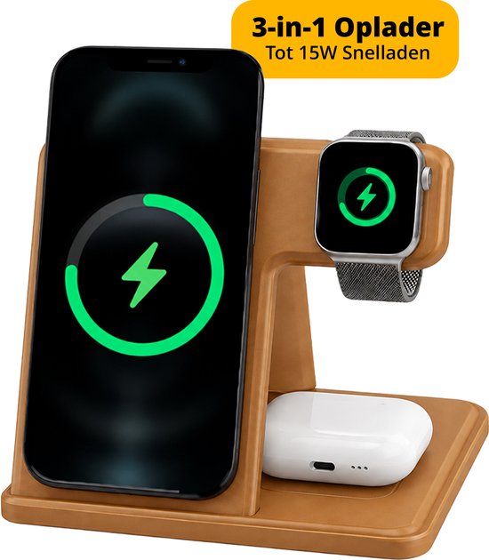 Chargeur rapide 3-en-1 marron de 15W avec un smartphone, une montre connectée et des écouteurs en charge simultanée.