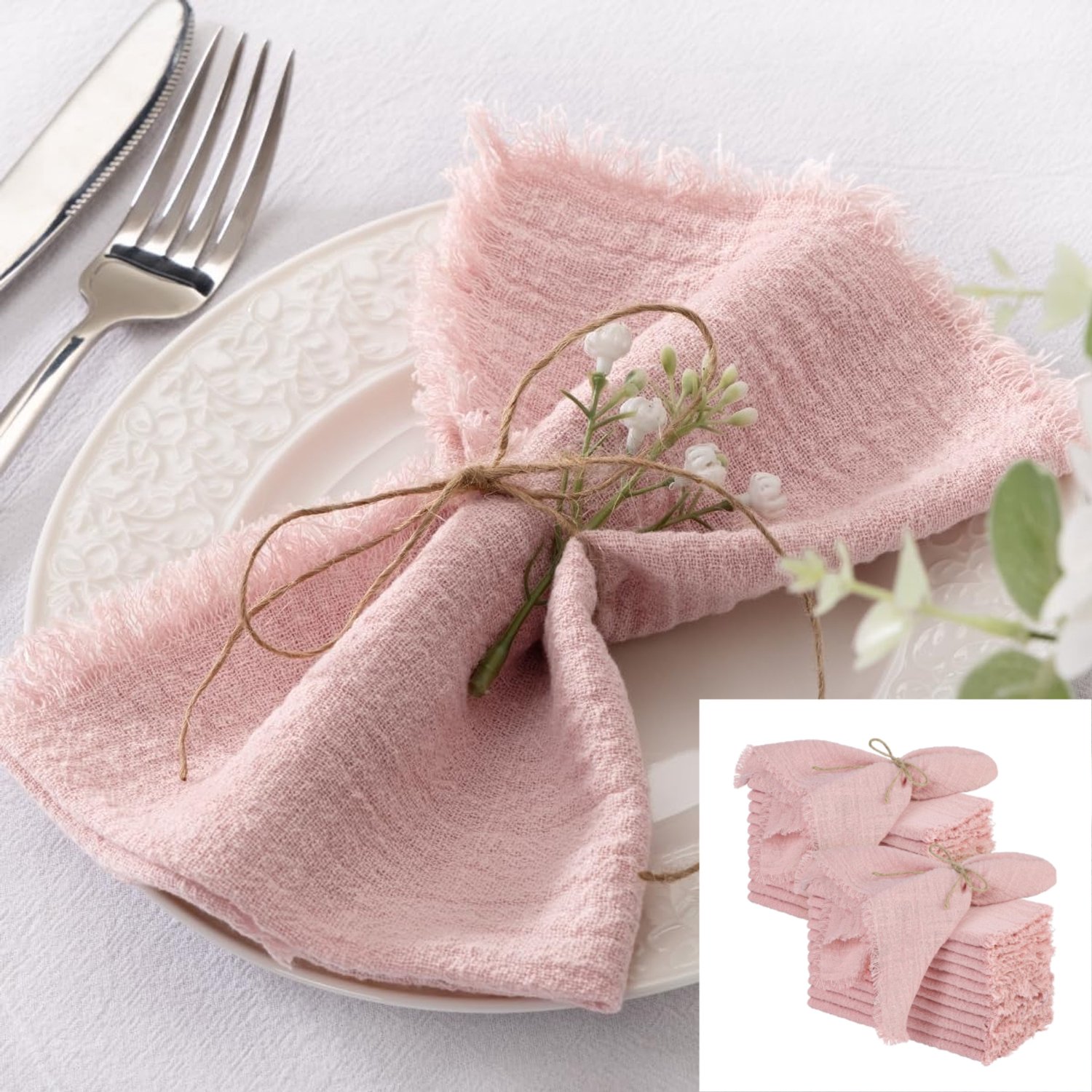 20 stuks stoffen servetten met franjes – katoen-linnen servetten in oudroze – wasbare dinerservetten – rustieke servetten van gaasstof met franjes voor bruiloft, feest, verjaardagsdecoratie