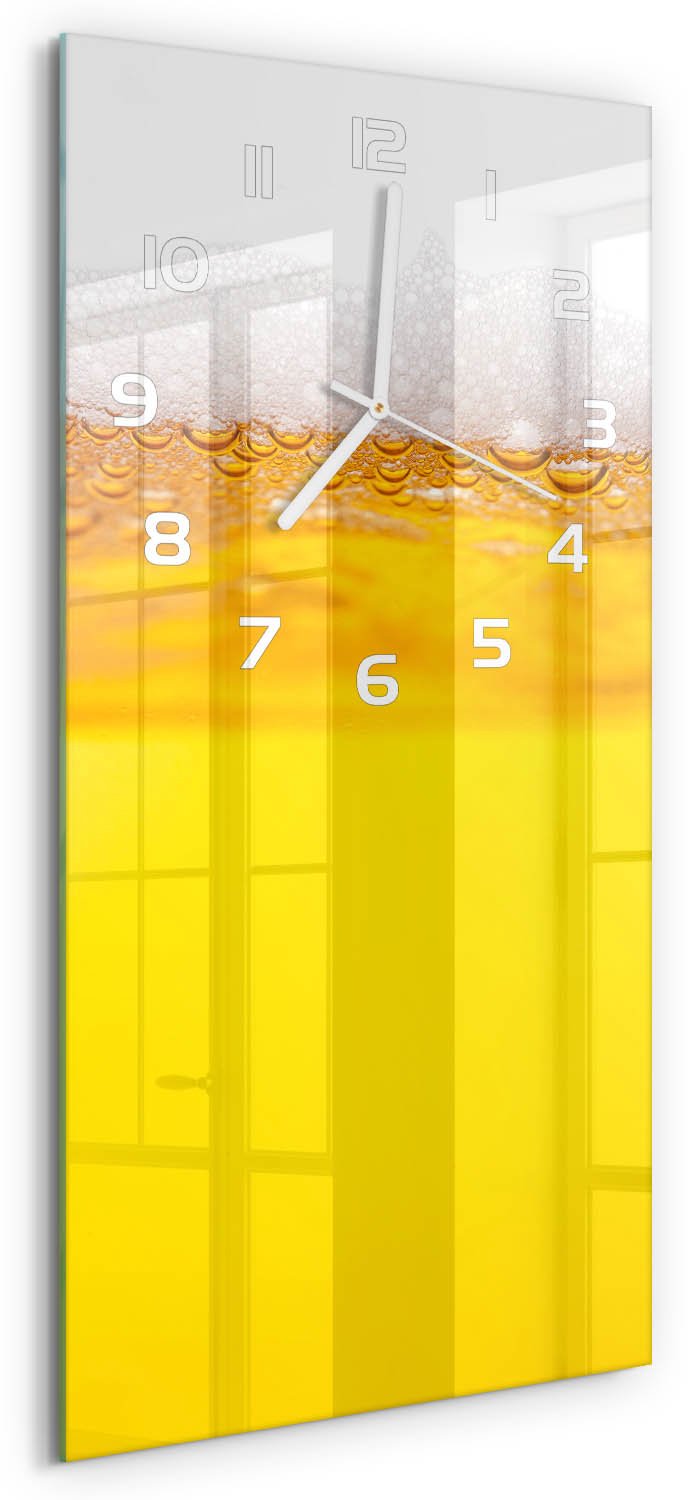 Tulup Wandklok - Bier Gekleurde Glazen Klok - 30x60 cm - Geel Glazen Klok Met Print - Witte handen - Rechthoekige Klok - Moderne Wandklok Glas - Wandklok Glas Decoratie