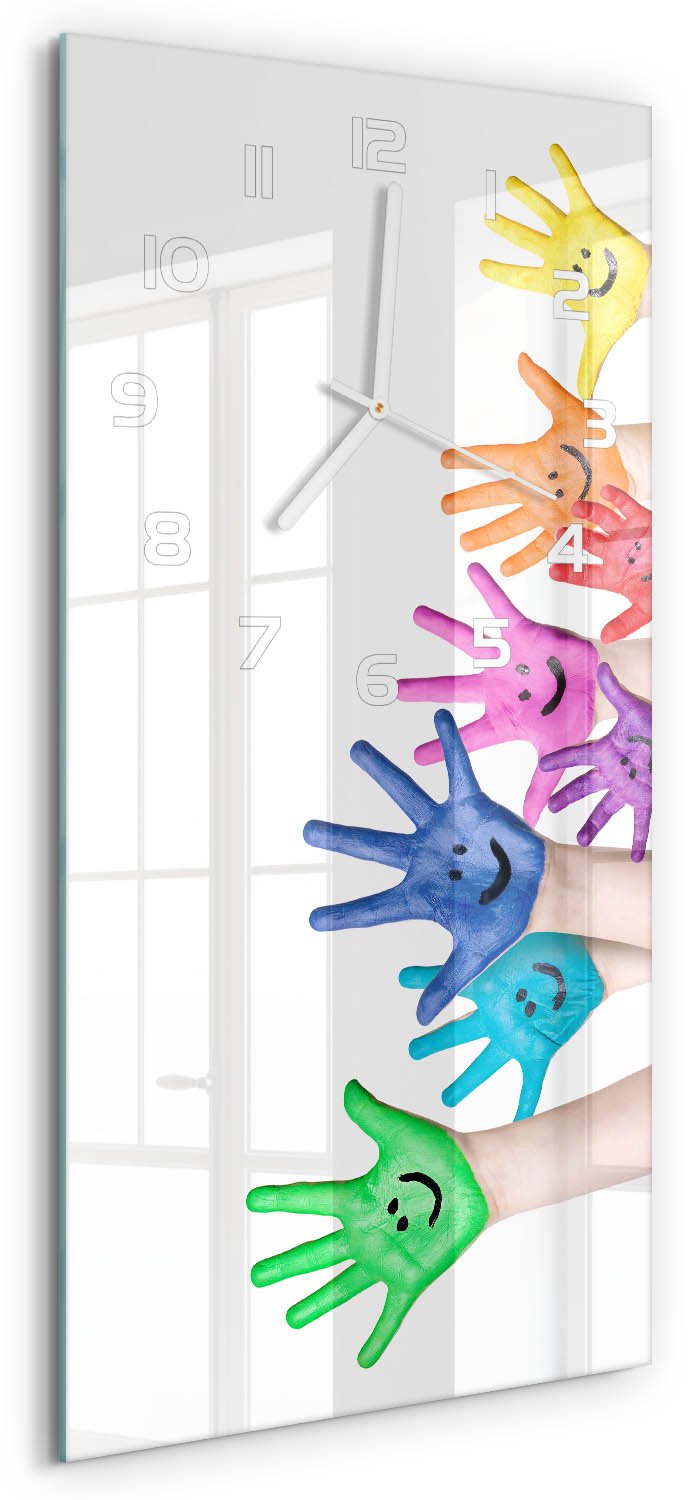 Tulup Wandklok - Geschilderde handen Glazen Klok Met Print - 30x60 cm - Veelkleurig Wandklok Glas Met Motief - Witte handen - Rechthoekige Klok - Wandklok Glas Decoratie - Gekleurde Glazen Klok