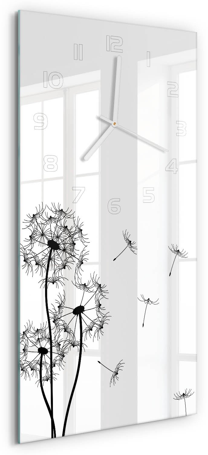 Tulup Wandklok - Paardenbloemtand Decoratieve Glazen Klok - 30x60 cm - Zwart-wit Glazen Wandklok Design - Witte handen - Rechthoekige Klok - Glazen Klok Met Print - Wandklok Glas Met Motief