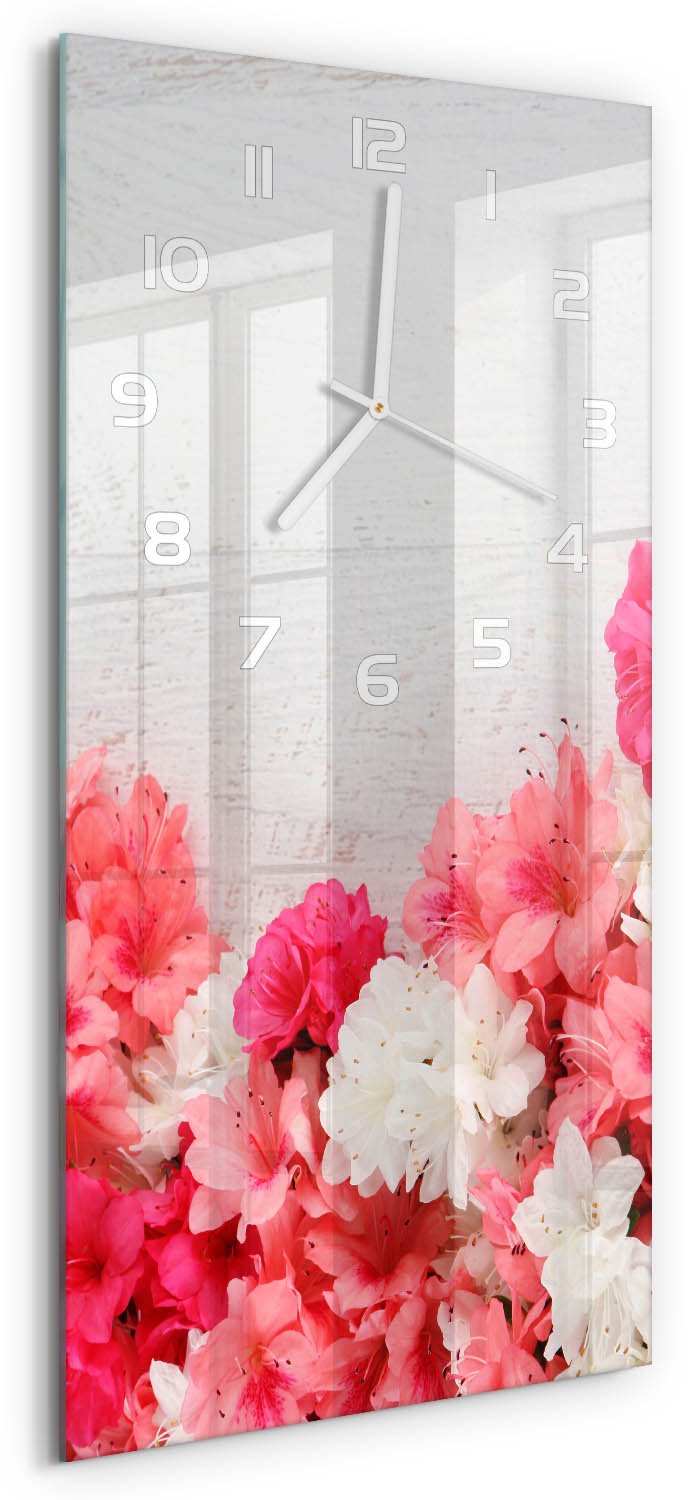 Tulup Wandklok - Bloemen Moderne Wandklok Glas - 30x60 cm - Roze Wandklok Glas Decoratie - Witte handen - Rechthoekige Klok - Glazen Wandklok Design - Klok Glas Met Opdruk