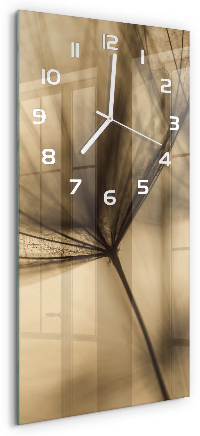 Tulup Wandklok - Paardebloem Klok Glas Met Opdruk - 30x60 cm - Beige Moderne Wandklok Glas - Witte handen - Rechthoekige Klok - Decoratieve Glazen Klok - Glazen Wandklok Design