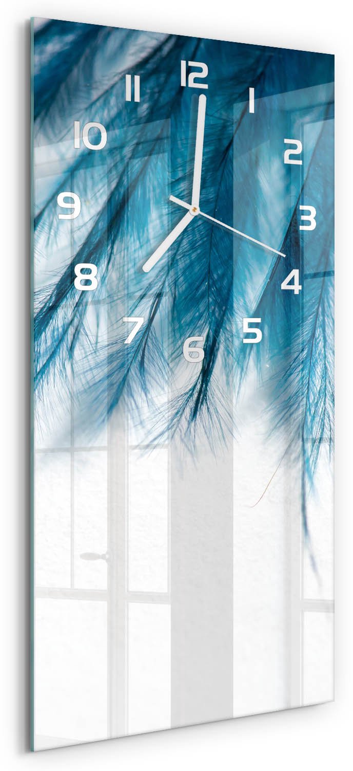 Tulup Wandklok - Blauwe veren Glazen Wandklok Design - 30x60 cm - Blauw Klok Glas Met Opdruk - Witte handen - Rechthoekige Klok - Wandklok Glas Met Motief - Decoratieve Glazen Klok