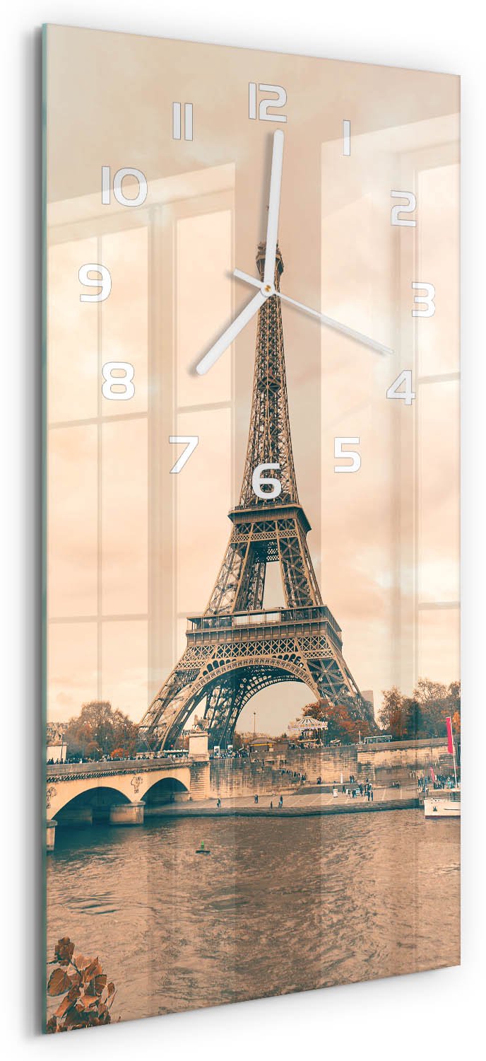 Tulup Wandklok - Eiffeltoren Parijs Klok Glas Met Opdruk - 30x60 cm - Oranje Moderne Wandklok Glas - Witte handen - Rechthoekige Klok - Decoratieve Glazen Klok - Glazen Wandklok Design