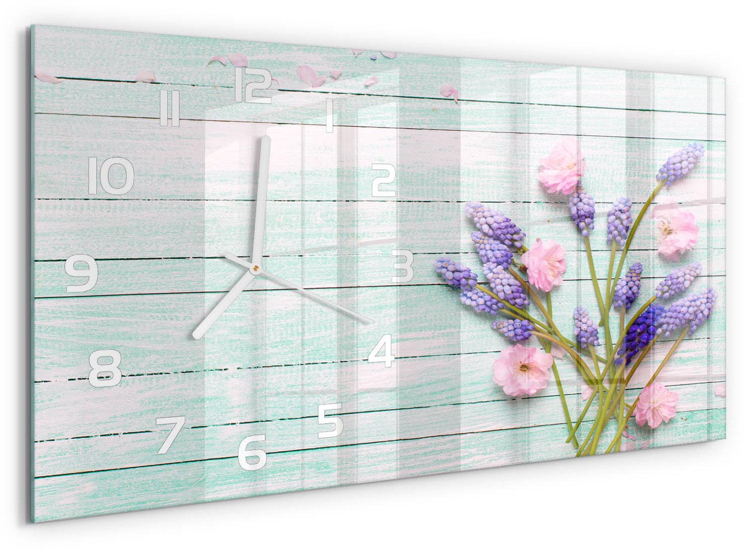 TULUP Wandklok - Lavendel op hout Glazen Wandklok Design - 60x30 cm - Paars Klok Glas Met Opdruk - Witte handen - Rechthoekige Klok - Wandklok Glas Met Motief - Decoratieve Glazen Klok