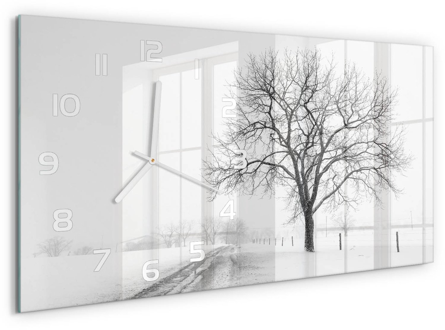 TULUP Wandklok - Winterboom Moderne Wandklok Glas - 60x30 cm - Wit Wandklok Glas Decoratie - Witte handen - Rechthoekige Klok - Glazen Wandklok Design - Klok Glas Met Opdruk