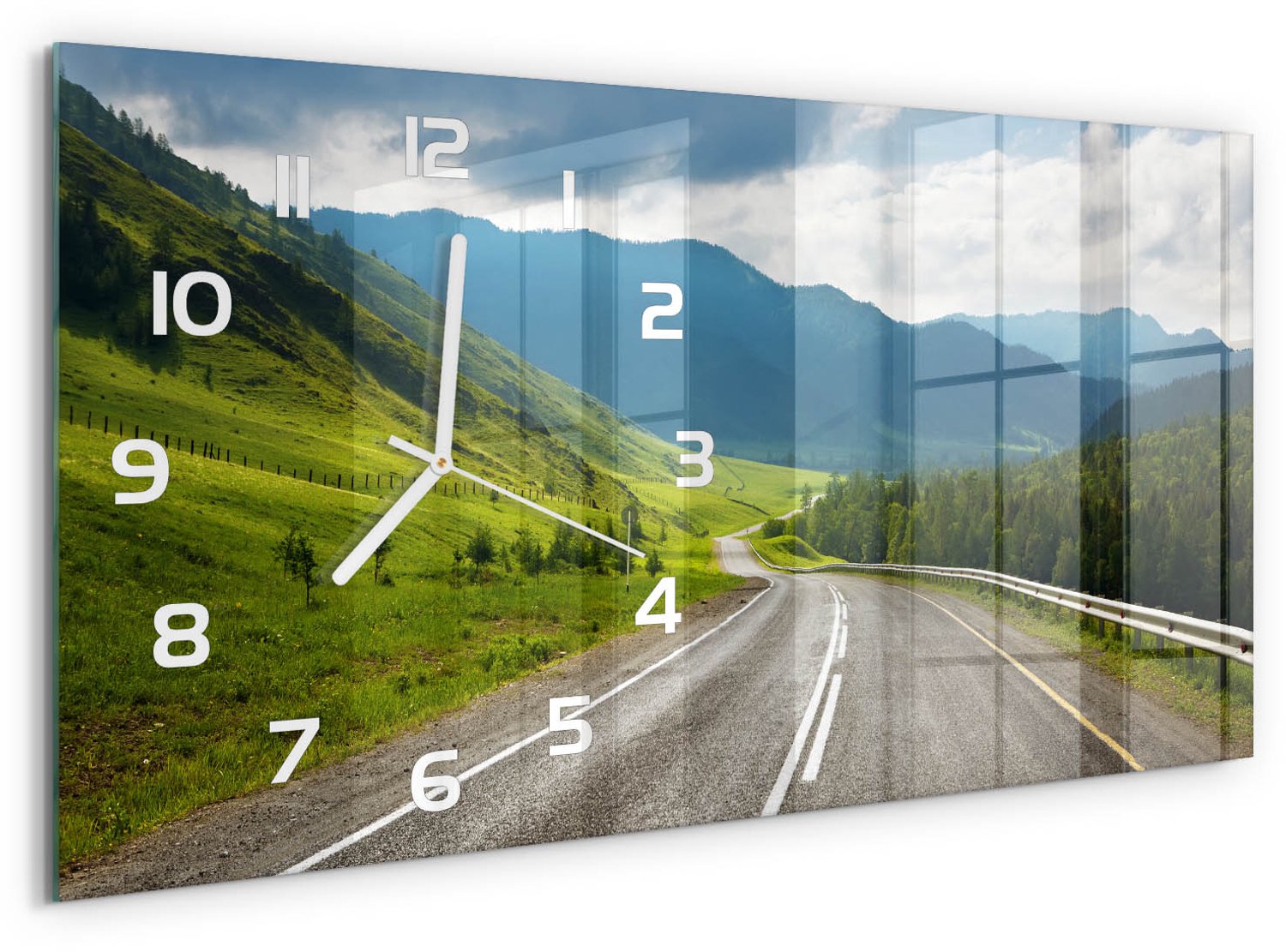 TULUP Wandklok - Weg in de bergen Glazen Klok Met Print - 60x30 cm - Groente Wandklok Glas Met Motief - Witte handen - Rechthoekige Klok - Wandklok Glas Decoratie - Gekleurde Glazen Klok