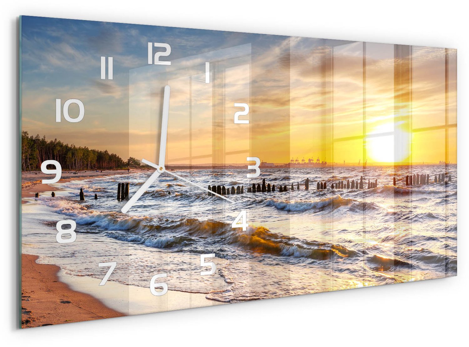 TULUP Wandklok - Zonsondergang op het strand Wandklok Glas Decoratie - 60x30 cm - Geel Gekleurde Glazen Klok - Witte handen - Rechthoekige Klok - Klok Glas Met Opdruk - Moderne Wandklok Glas