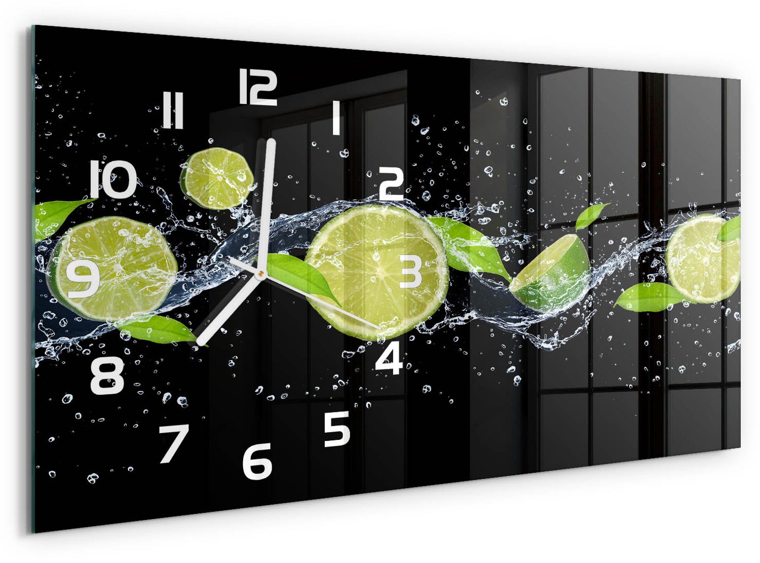 TULUP Wandklok - Kalk en water Gekleurde Glazen Klok - 60x30 cm - Groente Glazen Klok Met Print - Witte handen - Rechthoekige Klok - Moderne Wandklok Glas - Wandklok Glas Decoratie