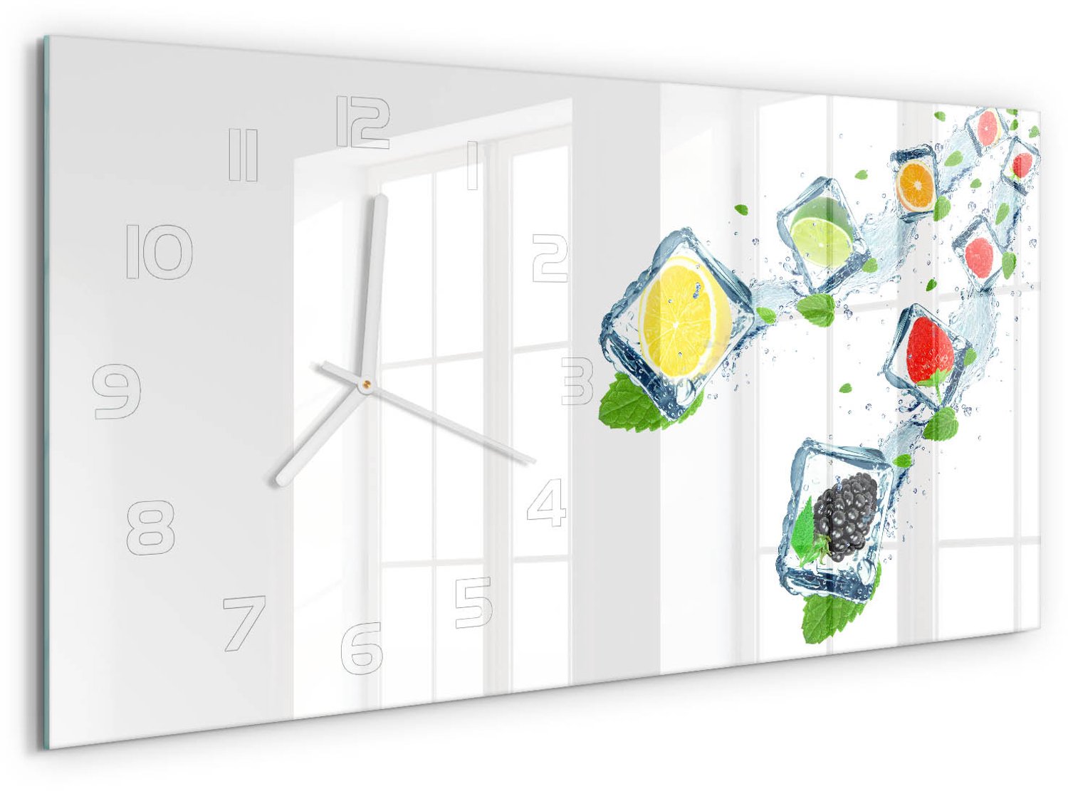 TULUP Wandklok - Fruit in blokjes Glazen Klok Met Print - 60x30 cm - Veelkleurig Wandklok Glas Met Motief - Witte handen - Rechthoekige Klok - Wandklok Glas Decoratie - Gekleurde Glazen Klok