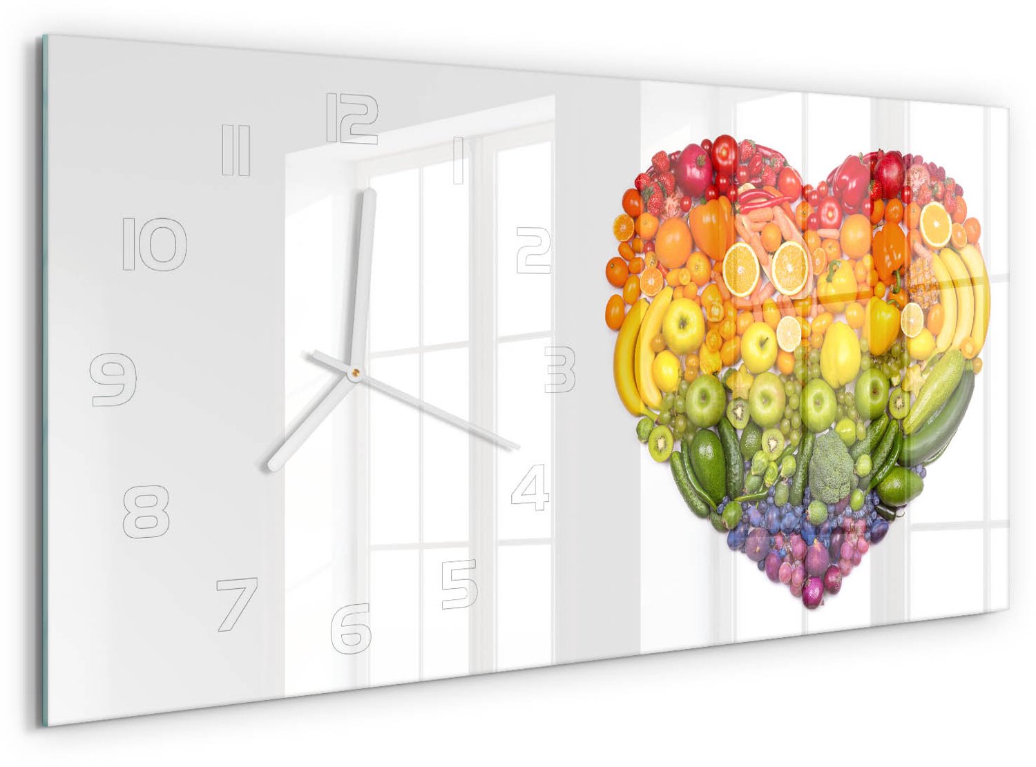 TULUP Wandklok - Groentehart Decoratieve Glazen Klok - 60x30 cm - Veelkleurig Glazen Wandklok Design - Witte handen - Rechthoekige Klok - Glazen Klok Met Print - Wandklok Glas Met Motief